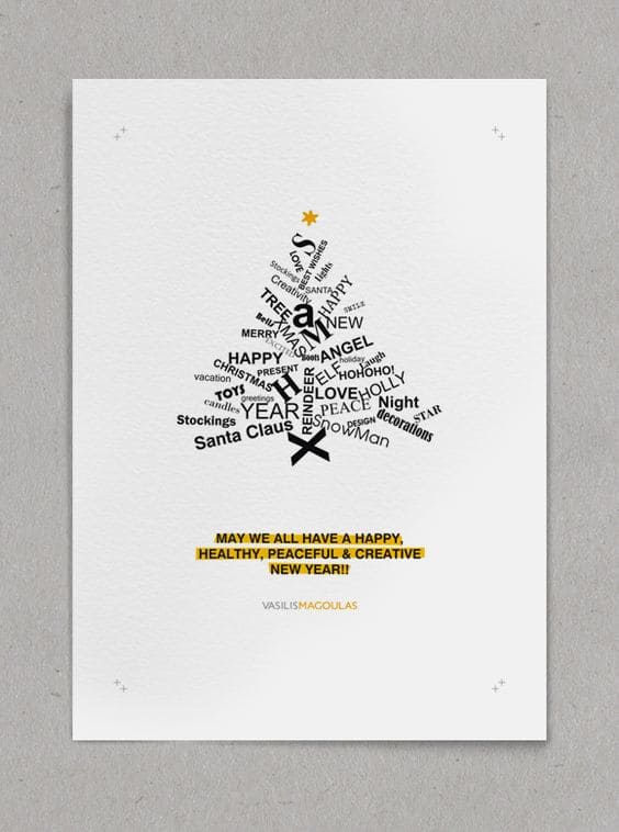 Новогодняя открытка с абстрактной елкой с фразами